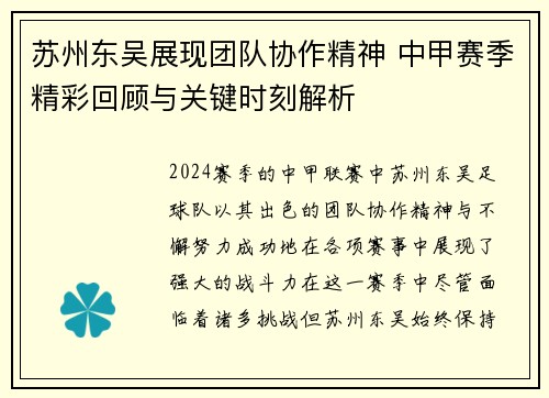 苏州东吴展现团队协作精神 中甲赛季精彩回顾与关键时刻解析