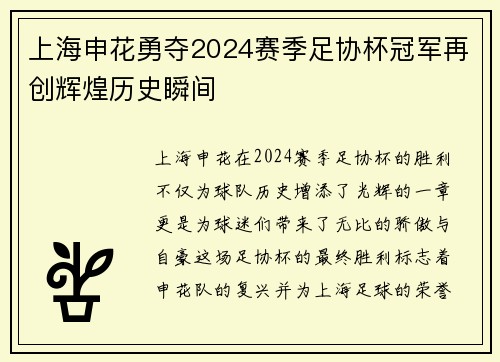 上海申花勇夺2024赛季足协杯冠军再创辉煌历史瞬间